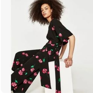 Zara Black Jumpsuit with bright pink flowers - open back - belted - Size: XL